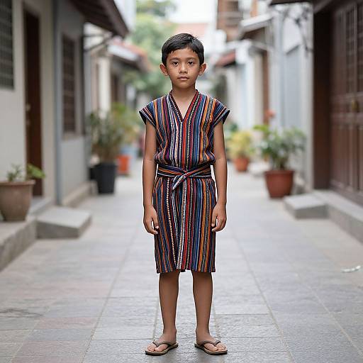 Photograph of a young boy with short black hair, wearing a colorful striped dress and brown sandals, standing in a narrow, blurred urban alleyway.