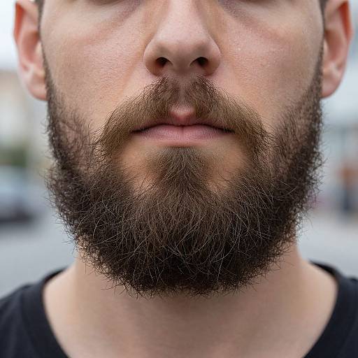 Close-up photograph of a man's face, focusing on his full, dark brown beard and slightly parted lips, wearing a black shirt. Blurred urban