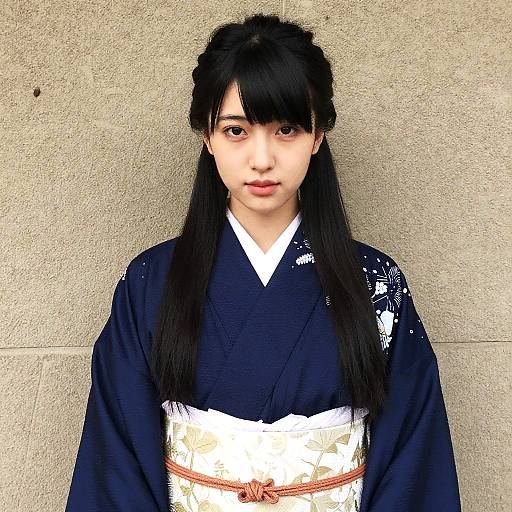 Photograph of an East Asian woman with long black hair in a navy blue kimono, white obi, standing against a beige concrete wall.