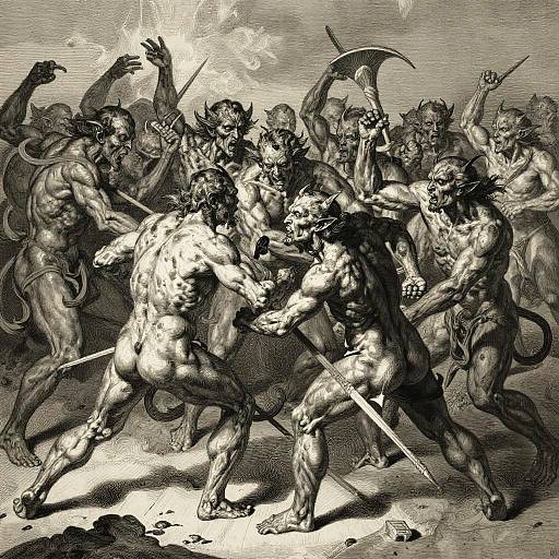 Black-and-white engraving of muscular, horned demons attacking two nude, sword-wielding men in a chaotic battle; intense expressions, dynamic poses,