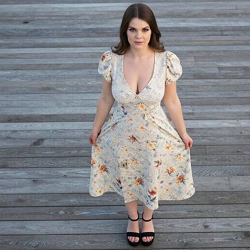 Photograph of a fair-skinned woman with brown hair wearing a white floral dress with a deep V-neck, black sandals, standing on wooden planks