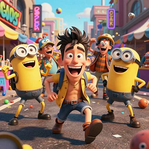 CGI cartoon image: A shirtless, black-haired man in blue jeans and a yellow jacket dances with two Minions and a smiling man in a