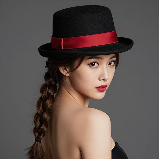 Photograph of an Asian woman with fair skin, long braided brown hair, red lipstick, wearing a black hat with a red ribbon, against a