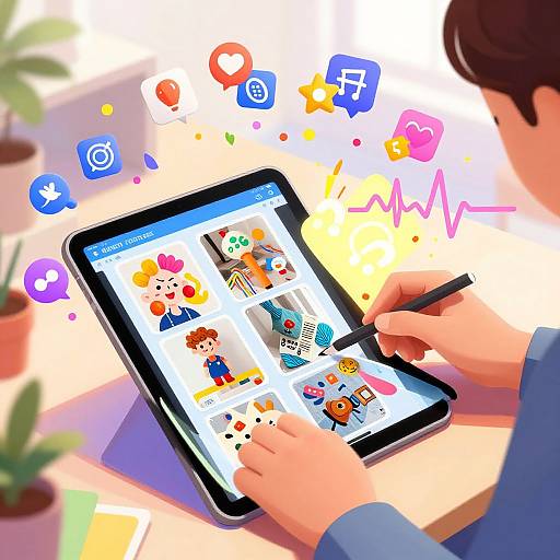Digital illustration of a person with brown hair using a tablet, creating colorful cartoon characters with icons and hearts floating around.