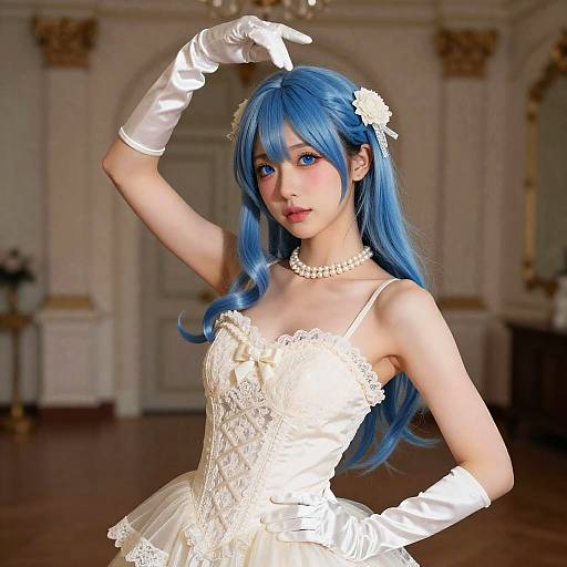 Elegant Blue-Haired Girl in Vintage Setting