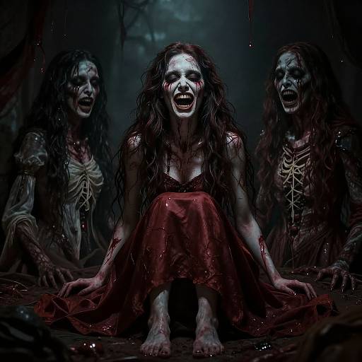Photorealistic digital horror artwork of three blood-covered, wild-haired, skeletal-faced zombies with long hair, eerie expressions, and red dresses, sitting in