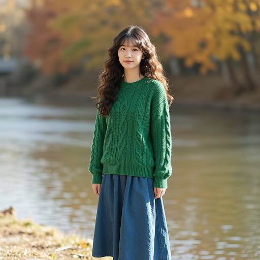 Photograph of an Asian woman with long wavy brown hair, wearing a green knitted sweater and blue high-waisted skirt, standing by a