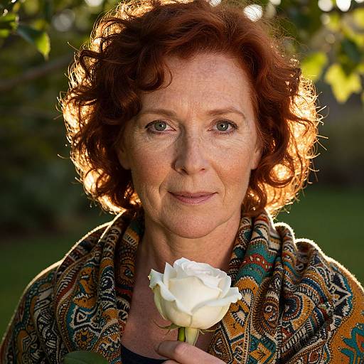 Photograph of middle-aged woman with curly red hair, holding white rose, wearing patterned scarf, sunlight illuminating face, blurred green background.