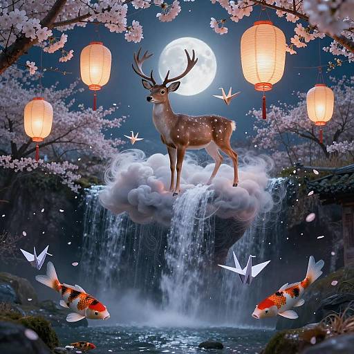 Surreal Deer Dream with Moonlit Waterfall