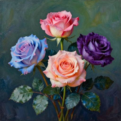 Photograph of four vivid roses: pink, light blue, peach, and purple, with lush green leaves, against a dark, textured background.