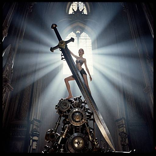 Digital artwork of a muscular woman in a black bikini standing confidently on a giant, glowing mechanical sword, with beams of light radiating from behind her in