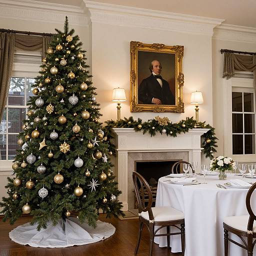 Photograph of an elegantly decorated Christmas room with a gold-framed portrait, lit fireplace, adorned Christmas tree, and round dining table set.