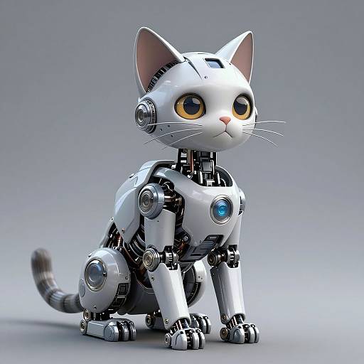 Digital CGI image of a cute, white, robotic cat with large yellow eyes, blue gem eyes, and metallic joints, sitting against a gradient gray background