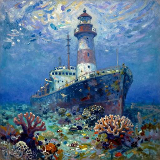 Vibrant underwater oil tanker lighthouse painting with colorful coral and fish, swirling blue and purple ocean, illuminated tower. Impressionistic style.