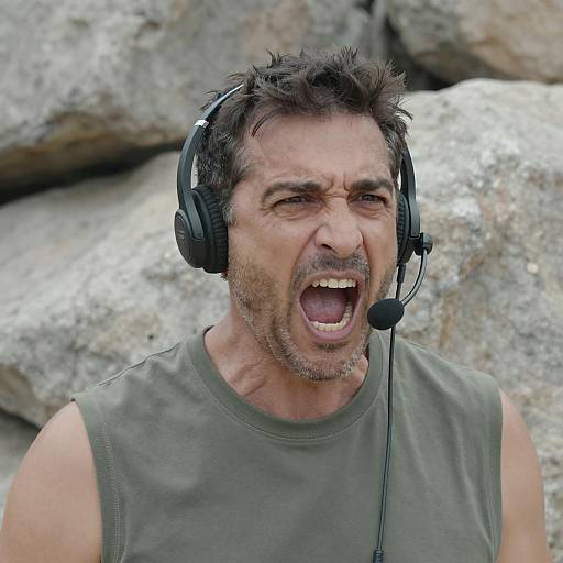 Intense Shouting Man in Olive-Green Top