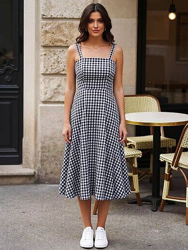 Photograph of a young woman with wavy dark hair, wearing a black and white gingham sundress and white sneakers, standing in front of a