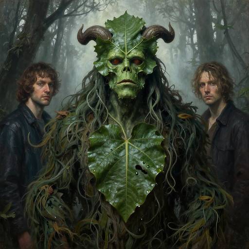 Digital artwork of a green, leaf-masked, horned demon flanked by two men in dark clothing in a foggy forest.