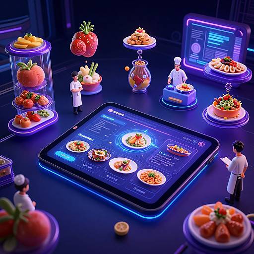Digital artwork of a futuristic food ordering system with glowing blue interface, various colorful dishes, and miniature chef figurines. Neon-lit background.
