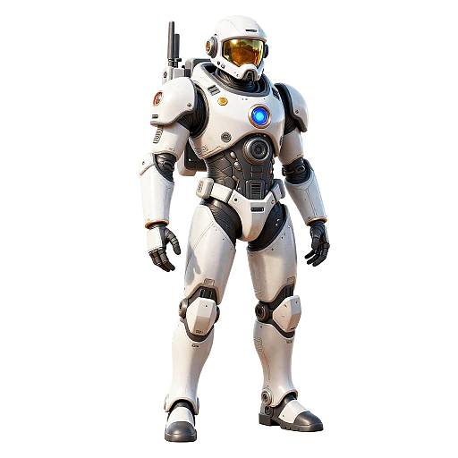 Photorealistic CGI of a white and black astronaut suit with blue chest light, yellow-tinted visor, and black gloves, standing against a