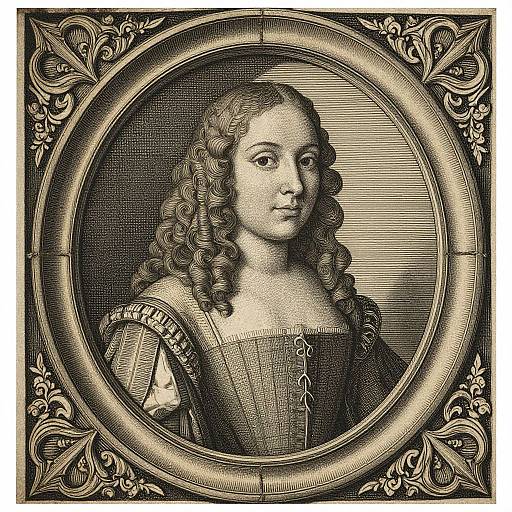 Baroque-style engraving of a young woman with curly hair, wearing an ornate, off-shoulder dress, framed by an intricately pattern