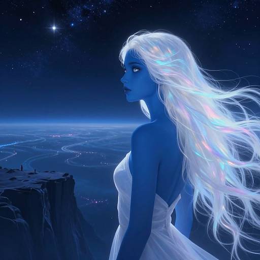 Digital artwork: Blue-lit, ethereal woman with long, glowing white hair, wearing a strapless white dress, gazes at a starry
