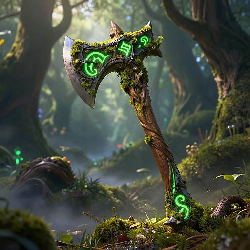 Fantasy forest scene with a glowing, green runes-etched, moss-covered axe standing upright among misty, sunlit trees and lush undergrowth.