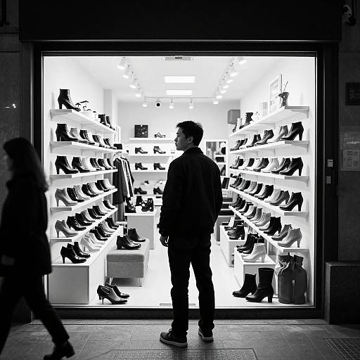 Black-and-white photograph of a man in silhouette standing before a brightly lit shoe store window displaying various high-heeled shoes. Blurred pedestrian in foreground.