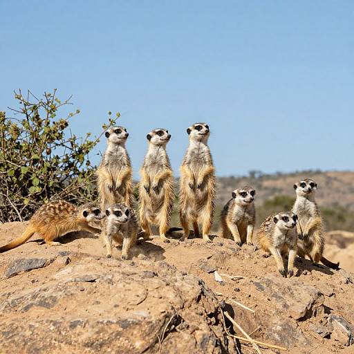 Photograph of six meerkats standing on a rocky terrain under a clear blue sky, with one partially visible bush to the left.