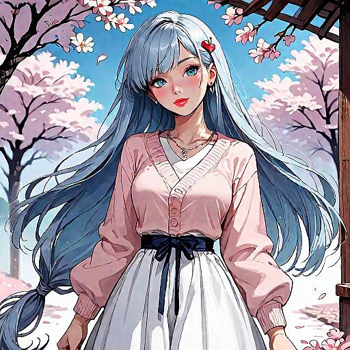 Blue-Haired Girl at Cherry Blossom Hanami