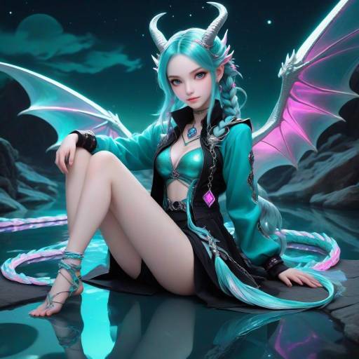 Enigmatic Dragon Girl Under Starlit Sky