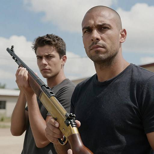 Two Men with Rifles Under a Blue Sky