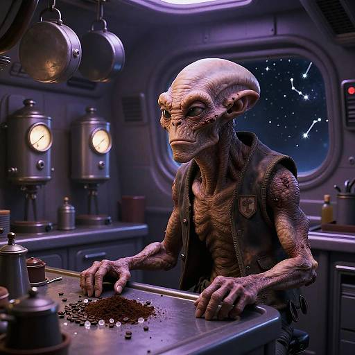 Grizzled Alien Elder in Vintage Spaceship