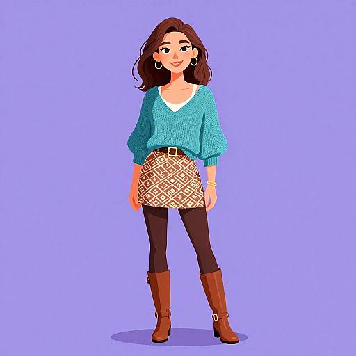 Digital illustration of a smiling woman with brown hair, wearing a turquoise sweater, patterned skirt, black tights, brown boots, and hoop earrings,