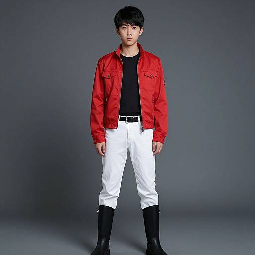 Photograph of an Asian man with black hair, wearing a red jacket, black shirt, white pants, and black boots, standing against a gray background