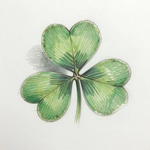 Watercolor drawing of a four-leaf clover with green and yellow shades, detailed with subtle shading and texture, on a white background.