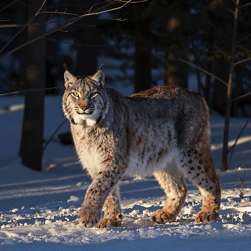 Photograph of a lynx with dense, spotted gray fur and yellow eyes walking in a snow-covered forest, lit by sunlight.