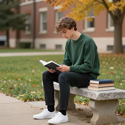 Young Man Reading in Autumn Park