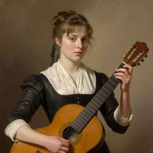 Portrait of a young Caucasian woman with light skin and brown hair in an updo, wearing a black dress with white lace, playing a wooden acoustic guitar