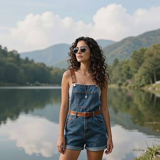 Photograph of a curly-haired woman in denim overalls with brown straps, brown belt, and sunglasses, standing by a calm lake with mountains and trees