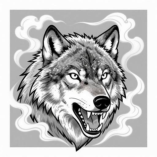 Black and White Fierce Wolf Head Illustration