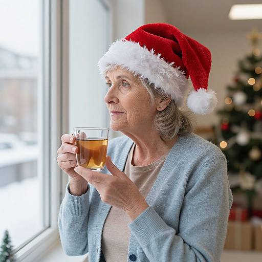 Photograph of an elderly woman with gray hair, wearing a red Santa hat and light blue cardigan, sipping tea by a window, with a