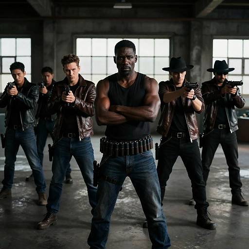 Intense Group of Armed Men in Warehouse