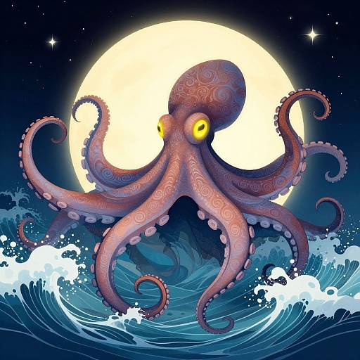 Digital illustration of a vibrant pink octopus with swirling patterns, yellow eyes, and curled tentacles against a full moon and dark ocean waves.