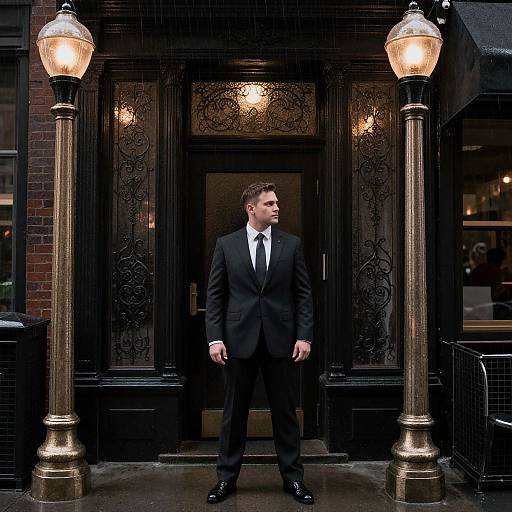 Photograph of a serious man in a black suit and white tie standing between two ornate street lamps in front of a dark, wrought-iron door