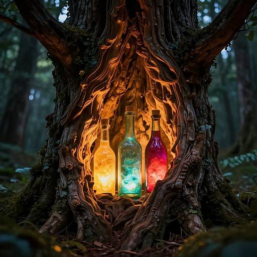 Mystical Glowing Tree with Luminous Bottles