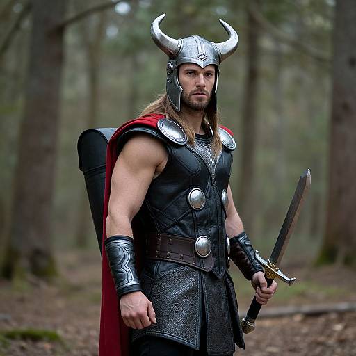 Photograph of a muscular, long-haired Viking warrior in black armor with silver accents, red cape, horned helmet, and sword, standing in a