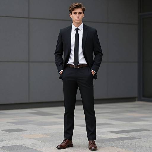 Photograph of a tall, handsome man with short brown hair, wearing a black suit, white shirt, black tie, and brown shoes, standing with
