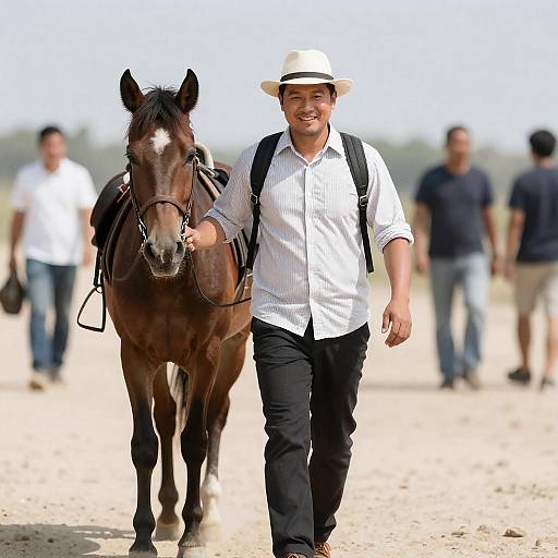 Smiling Man Walking Beside Brown Horse
