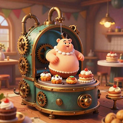 CGI image of a chubby pink bear in a steampunk cake machine, surrounded by decorated cupcakes, in a cozy bakery.