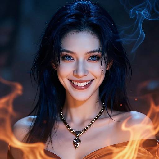 Photograph-style digital artwork of a smiling woman with pale skin, blue eyes, black hair, and glowing orange flames around her. She wears an off